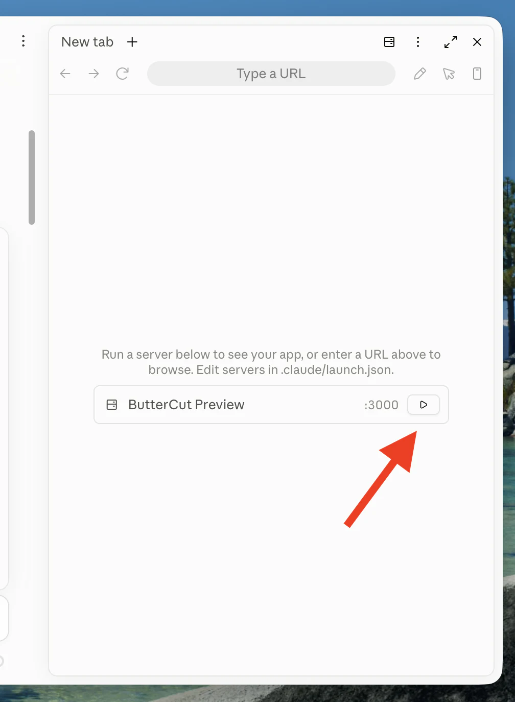 Claude Desktop's browser pane with an arrow pointing at the play button beside the ButterCut Preview server