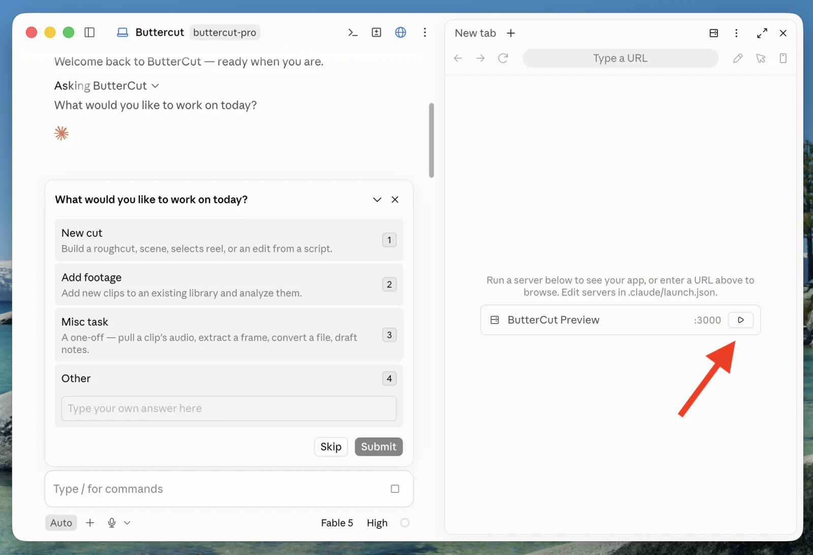 Claude Desktop with the browser pane open next to a ButterCut chat, with an arrow pointing at the play button beside the ButterCut Preview server