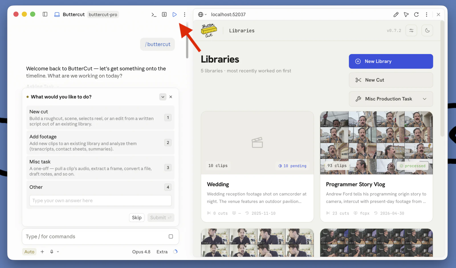 The ButterCut Preview app open in Claude Desktop, showing a Libraries view of clip thumbnails alongside the chat panel