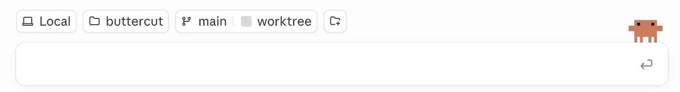 The Claude Code compose bar with the folder set to buttercut and the worktree toggle