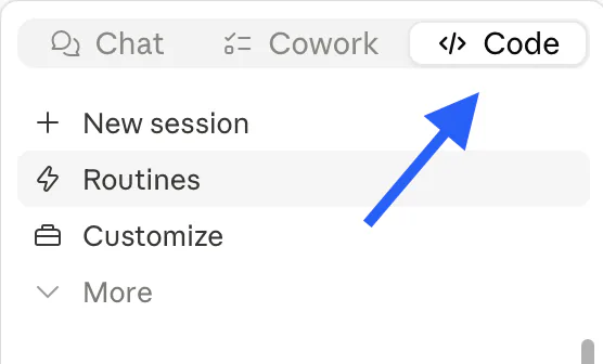 The Code tab selected in the Claude desktop app sidebar