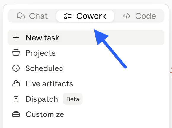 The Cowork tab selected in the Claude desktop app sidebar