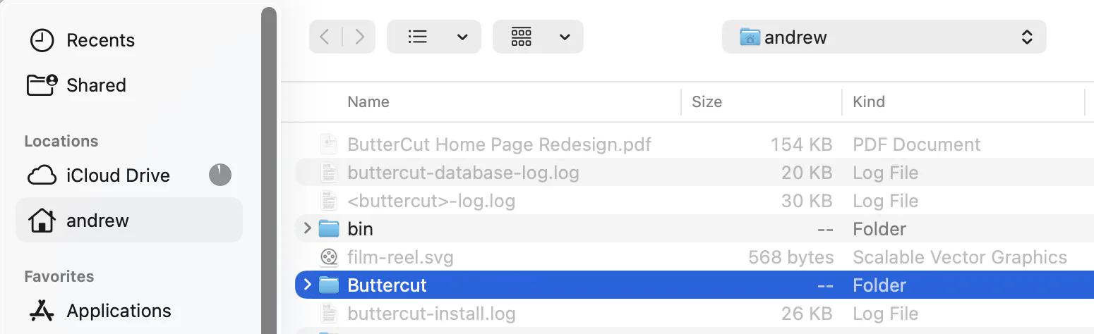 A Finder window showing the Buttercut folder in your home folder