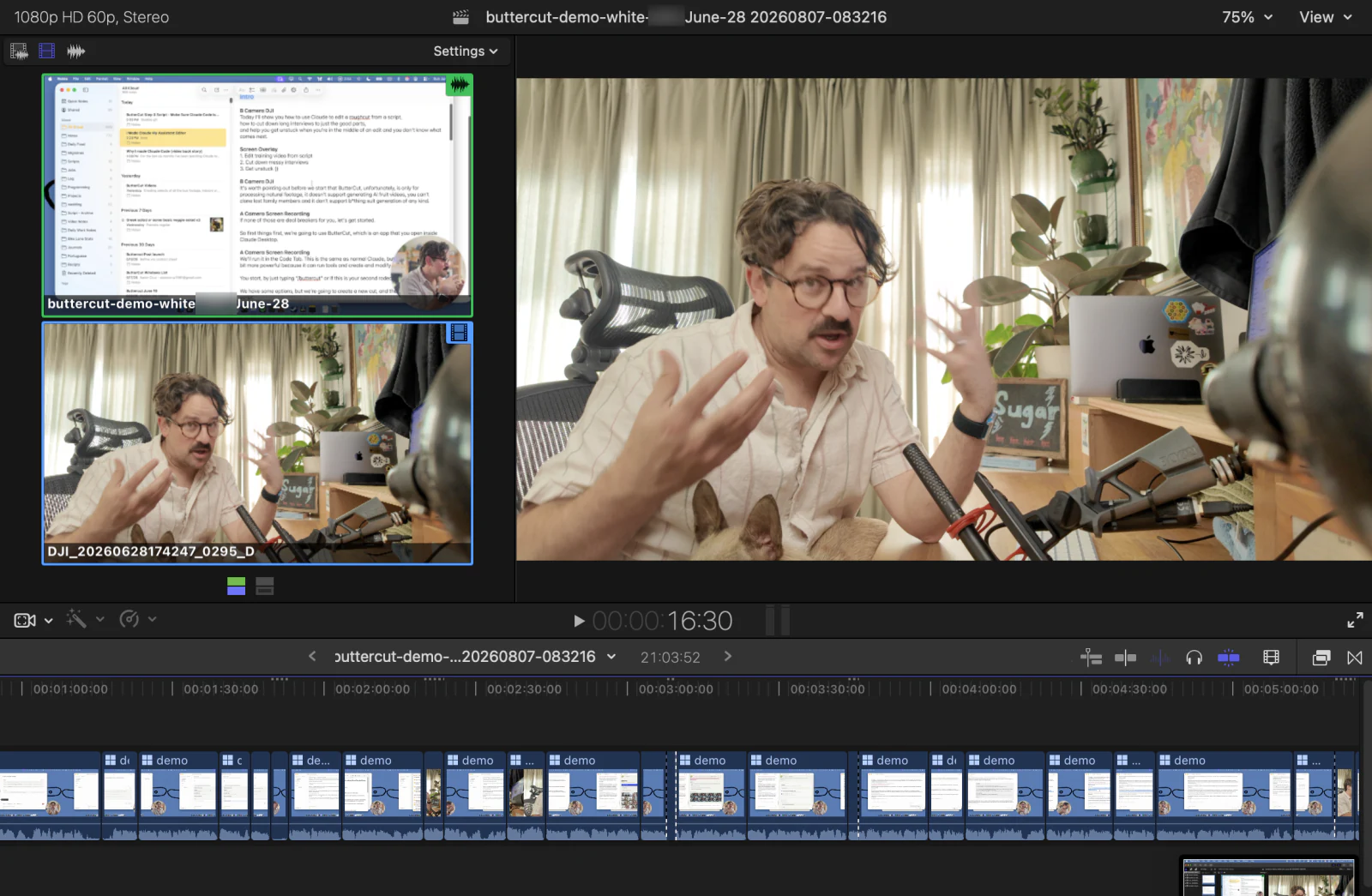 Final Cut's angle viewer showing a ButterCut multicam clip with two synced angles — a screen recording and a camera angle — above the timeline